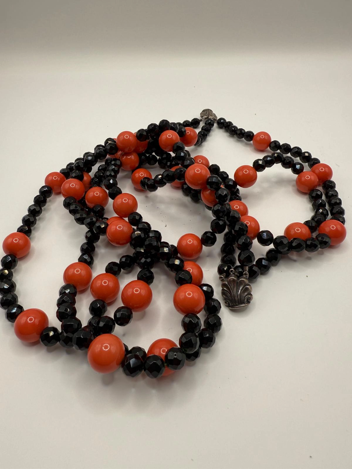 Coral-Orange & Faceted Black Crystal Necklace